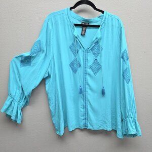 Wrangler Retro Top Womens 3XL Blue Embroidered Boho Peasant Blouse Tassel Tie